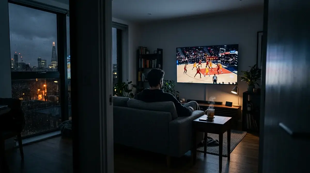 British viewer watching late night NBA in a London flat